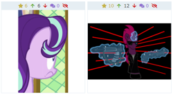 Size: 465x257 | Tagged: safe, screencap, character:starlight glimmer, character:tempest shadow, species:pony, species:unicorn, derpibooru, episode:the crystalling, g4, my little pony: friendship is magic, crossover, gun, meta, scared, terminator, weapon