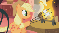Size: 640x360 | Tagged: safe, screencap, character:applejack, species:earth pony, species:pony, episode:look before you sleep, g4, my little pony: friendship is magic, applejack's special marshmallows, cropped, dexterous hooves, female, fire, fireplace, hoof hold, mare, marshmallow, meme origin, solo