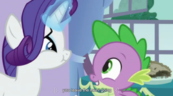 Size: 850x472 | Tagged: safe, screencap, character:rarity, character:spike, species:dragon, species:pony, species:unicorn, episode:spike at your service, g4, my little pony: friendship is magic, female, male, mare, youtube caption