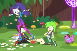 Size: 1112x748 | Tagged: safe, screencap, character:cherry crash, character:rarity, character:sophisticata, species:dog, episode:lost and pound, g4, my little pony:equestria girls, basket, boots, bowl, chase, cherry crash, chopsticks, clothing, cropped, dress, female, fingerless gloves, food, gloves, lost and pound: rarity, marshmelodrama, miniskirt, mud, muddy, noodle bowl, noodles, pantyhose, picnic, picnic basket, plaid skirt, princess thunder guts, puppy, rarity being rarity, shoes, skirt, sophisticata, water bottle, wide eyes