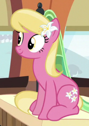 Size: 242x339 | Tagged: safe, screencap, character:lily, character:lily valley, species:earth pony, species:pony, episode:growing up is hard to do, g4, my little pony: friendship is magic, background pony, cropped, cute, female, flower, flower in hair, lily (flower), lilybetes, mare, sitting, smiling, solo, train