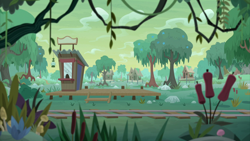 Size: 2000x1124 | Tagged: safe, screencap, building, cattails, hayseed junction, hayseed swamp, house, no pony, scenery, swamp, ticket booth, train station, tree, vine
