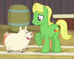 Size: 413x327 | Tagged: safe, screencap, character:wensley, species:earth pony, species:pony, episode:growing up is hard to do, g4, my little pony: friendship is magic, animal, apple family member, background pony, barrel, cloven hooves, cropped, duo, looking at each other, male, pet, pig, stallion