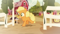 Size: 1280x720 | Tagged: safe, screencap, character:applejack, species:earth pony, species:pony, episode:going to seed, g4, my little pony: friendship is magic, female, fence, filly, filly applejack, freckles, smiling, solo, sweet apple acres, younger