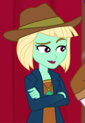 Size: 415x600 | Tagged: safe, screencap, episode:how to backstage, g4, my little pony:equestria girls, clothing, cropped, crossed arms, dakota verde, dirk thistleweed, female, hat, male, offscreen character, raised eyebrow