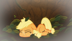 Size: 1920x1080 | Tagged: safe, screencap, character:applejack, species:earth pony, species:pony, episode:going to seed, g4, my little pony: friendship is magic, eyes closed, female, filly, filly applejack, floppy ears, freckles, leaves, solo, younger