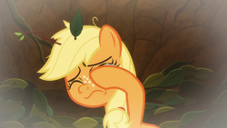 Size: 1920x1080 | Tagged: safe, screencap, character:applejack, species:earth pony, species:pony, episode:going to seed, g4, my little pony: friendship is magic, female, filly, filly applejack, freckles, leaves, solo, younger