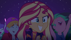 Size: 1280x720 | Tagged: safe, screencap, character:aqua blossom, character:sunset shimmer, episode:the last drop, g4, my little pony:equestria girls, background human, female, fry lilac, lemon zack, male, sleeveless