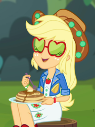 Size: 814x1080 | Tagged: safe, screencap, character:applejack, episode:wake up!, g4, my little pony:equestria girls, applejack's festival hat, applejack's sunglasses, butter, clothing, cowboy hat, cropped, dress, eating, female, food, fork, freckles, glasses, hat, legs, music festival outfit, pancakes, plate, sitting, smiling, solo, stetson, sunglasses, syrup, tree stump, wake up!: applejack