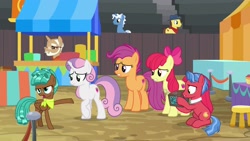 Size: 1920x1080 | Tagged: safe, screencap, character:apple bloom, character:bandana baldwin, character:biscuit, character:high stakes, character:pokey pierce, character:scootaloo, character:spur, character:sweetie belle, species:earth pony, species:pegasus, species:pony, species:unicorn, episode:growing up is hard to do, g4, my little pony: friendship is magic, box, colt, culinary art (character), cutie mark crusaders, female, male, mare, older, older apple bloom, older scootaloo, older sweetie belle, stallion