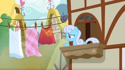 Size: 1680x942 | Tagged: safe, screencap, character:linky, character:shoeshine, species:pony, episode:the big mac question, g4, my little pony: friendship is magic, clothes line, shoeshine's window, solo