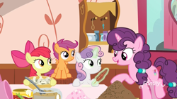 Size: 1920x1080 | Tagged: safe, screencap, character:apple bloom, character:scootaloo, character:sugar belle, character:sweetie belle, species:earth pony, species:pegasus, species:pony, species:unicorn, episode:the big mac question, g4, my little pony: friendship is magic, bowl, cutie mark crusaders, discovery family logo, female, filly, glowing horn, horn, magic, mare, mixing bowl, note, quill pen, raised leg, sitting, spoon, sugarcube corner, telekinesis