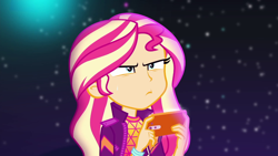 Size: 1280x720 | Tagged: safe, screencap, character:sunset shimmer, episode:the last drop, g4, my little pony:equestria girls, phone, shrunken pupils, solo, the last drop: sunset shimmer