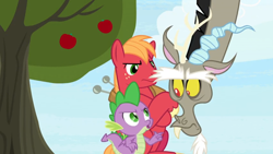 Size: 1600x900 | Tagged: safe, screencap, character:big mcintosh, character:discord, character:spike, species:dragon, episode:the big mac question, g4, my little pony: friendship is magic, apple, apple tree, pointing, tree, unamused, winged spike