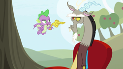 Size: 2020x1136 | Tagged: safe, screencap, character:discord, character:spike, species:draconequus, species:dragon, episode:the big mac question, g4, my little pony: friendship is magic, apple, apple tree, baby, baby dragon, beard, chair, claws, discord is not amused, disembodied hand, duo, facial hair, flying, food, frown, hand, male, narrowed eyes, pointing, raised eyebrow, smug, snaggletooth, spread wings, sweet apple acres, talons, tree, unamused, winged spike, wings