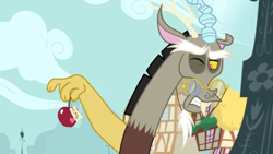 Size: 1600x900 | Tagged: safe, screencap, character:discord, episode:the big mac question, g4, my little pony: friendship is magic, apple, disgusted, food, glasses, house, message, ponyville, solo
