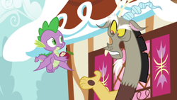 Size: 1600x900 | Tagged: safe, screencap, character:big mcintosh, character:spike, species:dragon, episode:the big mac question, g4, my little pony: friendship is magic, apple, food, house, message, window, winged spike