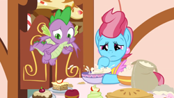 Size: 1600x900 | Tagged: safe, screencap, character:cup cake, character:spike, species:dragon, species:earth pony, species:pony, episode:the big mac question, g4, my little pony: friendship is magic, apple, bowl, cake, counting, cupcake, flour, flying, food, kitchen, mixing, mixing bowl, pie, winged spike