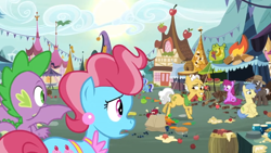 Size: 1600x900 | Tagged: safe, screencap, character:berry punch, character:berryshine, character:burnt oak, character:cup cake, character:goldengrape, character:grand pear, character:minuette, character:spike, species:dragon, episode:the big mac question, g4, my little pony: friendship is magic, apple, blueberry, carrot, chaos, chase, destruction, food, grocery bag, house, invasion, jar, marketplace, mess, pie, winged spike