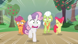 Size: 1600x900 | Tagged: safe, screencap, character:apple bloom, character:granny smith, character:scootaloo, character:sweetie belle, species:pegasus, species:pony, episode:the big mac question, g4, my little pony: friendship is magic, apple, apple tree, cutie mark crusaders, frightened, orchard, panic, running, tree