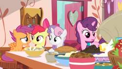 Size: 1600x900 | Tagged: safe, screencap, character:apple bloom, character:scootaloo, character:sugar belle, character:sweetie belle, species:pegasus, species:pony, episode:the big mac question, g4, my little pony: friendship is magic, bowl, cutie mark crusaders, food, jar, kitchen, open door, pie, pouring, strawberry, sugar (food)