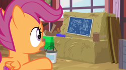 Size: 1600x898 | Tagged: safe, screencap, character:scootaloo, species:pegasus, species:pony, episode:the big mac question, g4, my little pony: friendship is magic, blueprint, hammer, hay, hay bale, lumber, mallet, paint can, plank, screwdriver, solo
