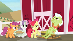Size: 1600x900 | Tagged: safe, screencap, character:apple bloom, character:granny smith, character:scootaloo, character:sweetie belle, species:pegasus, species:pony, episode:the big mac question, g4, my little pony: friendship is magic, barn, bored, cutie mark crusaders, food, levitation, magic, pie, reference in the description, rocking chair, telekinesis, unamused