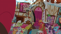 Size: 1600x900 | Tagged: safe, screencap, character:apple bloom, character:big mcintosh, character:cup cake, character:discord, character:granny smith, character:scootaloo, character:spike, character:sugar belle, character:sweetie belle, species:dragon, species:pegasus, species:pony, episode:the big mac question, g4, my little pony: friendship is magic, apple monster, applesauce, cutie mark crusaders, disappointed, door, faucet, flower, garden, mess, messy, shadow, splatter, sugarcube corner, unamused, upset, winged spike