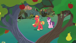 Size: 1600x900 | Tagged: safe, screencap, character:big mcintosh, character:sugar belle, episode:the big mac question, g4, my little pony: friendship is magic, apple, apple tree, food, heart, intertwined trees, pear, pear tree, tree