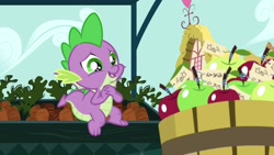 Size: 1920x1080 | Tagged: safe, screencap, character:spike, species:dragon, episode:the big mac question, g4, my little pony: friendship is magic, apple, carrot, food, solo, winged spike