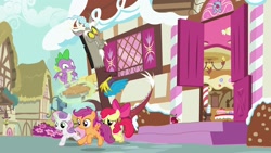Size: 1920x1080 | Tagged: safe, screencap, character:apple bloom, character:discord, character:scootaloo, character:spike, character:sweetie belle, species:dragon, species:pegasus, species:pony, episode:the big mac question, g4, my little pony: friendship is magic, cutie mark crusaders, food, magic, pie, running, winged spike