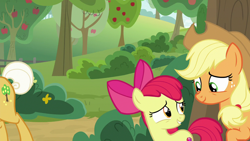 Size: 1280x720 | Tagged: safe, screencap, character:apple bloom, character:applejack, character:goldie delicious, species:pony, episode:going to seed, g4, my little pony: friendship is magic, apple, apple tree, tree