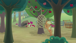 Size: 1920x1080 | Tagged: safe, screencap, character:apple bloom, character:applejack, species:pony, episode:going to seed, g4, my little pony: friendship is magic, apple, apple tree, box, cage, net, trap, tree