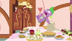 Size: 1920x1080 | Tagged: safe, screencap, character:spike, species:dragon, episode:the big mac question, g4, my little pony: friendship is magic, apple, claws, cupcake, faec, flour, food, male, paper, pie, solo, spread toes, table, winged spike, wings