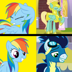 Size: 1448x1440 | Tagged: safe, editor:jdmiles, screencap, character:rainbow dash, character:soarin', character:zephyr breeze, species:pegasus, species:pony, ship:soarindash, episode:rarity investigates, episode:sparkle's seven, g4, my little pony: friendship is magic, 200th episode, female, goggles, hotline bling, male, meme, royal guard, royal guard zephyr breeze, shipping, smiling, straight, template, wings, zephdash
