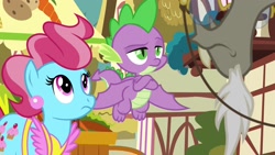 Size: 1920x1080 | Tagged: safe, screencap, character:cup cake, character:discord, character:spike, species:draconequus, species:dragon, species:pony, episode:the big mac question, g4, my little pony: friendship is magic, apron, baby, baby dragon, beard, clothing, crossed arms, cutie mark, facial hair, fangs, female, flapping, flying, frown, lidded eyes, mare, market, raised eyebrow, spike is not amused, toes, trio, unamused, winged spike
