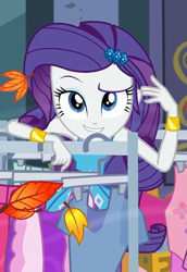 Size: 723x1050 | Tagged: safe, screencap, character:rarity, episode:street chic, g4, my little pony:equestria girls, autumn, beautiful, bracelet, clothes rack, clothing, cropped, female, jewelry, leaves, lip bite, looking at you, raised eyebrow, smiling, solo, wind