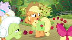 Size: 1920x1080 | Tagged: safe, screencap, character:apple bloom, character:applejack, character:goldie delicious, episode:going to seed, g4, my little pony: friendship is magic, apple, apple tree, cat, fence, saddle bag, scenery, tree
