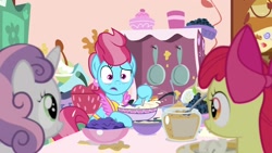 Size: 1920x1080 | Tagged: safe, screencap, character:apple bloom, character:cup cake, character:sweetie belle, species:pony, episode:the big mac question, g4, my little pony: friendship is magic, adorabloom, apron, bags under eyes, baking, batter, bow, clothing, cute, diasweetes, female, filly, foal, food, hair bow, hoof hold, kitchen, raised eyebrow, trio