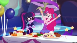 Size: 1280x720 | Tagged: safe, screencap, character:pinkie pie, character:twilight sparkle, character:twilight sparkle (scitwi), species:eqg human, episode:twilight under the stars, g4, my little pony:equestria girls, armpits, bare shoulders, sleeveless, strapless