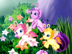 Size: 631x474 | Tagged: safe, screencap, character:tiddlywink, character:tra-la-la, character:zipzee, species:breezies, episode:two for the sky, g3, cute, diabreezies, flower, tree
