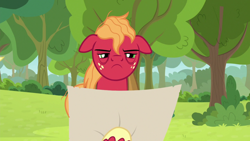 Size: 1920x1080 | Tagged: safe, screencap, character:big mcintosh, species:earth pony, species:pony, episode:going to seed, g4, my little pony: friendship is magic, apple, apple tree, bags under eyes, big macintosh is not amused, freckles, frown, male, map, solo, stallion, tree, unshorn fetlocks