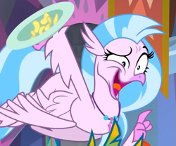 Size: 621x516 | Tagged: safe, screencap, character:gallus, character:silverstream, species:classical hippogriff, species:hippogriff, episode:she's all yak, g4, my little pony: friendship is magic, amused, beak, chips, claws, cropped, cute, diastreamies, faec, flapping, flying, food, jewelry, necklace, open mouth, pearl necklace, plate, potato chips, raised eyebrow, shrunken pupils, smiling, solo focus, spread wings, talons, teenager, wings, you look so weird