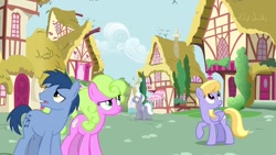 Size: 1920x1080 | Tagged: safe, screencap, character:blues, character:cloud kicker, character:daisy, character:noteworthy, character:royal riff, species:earth pony, species:pegasus, species:pony, episode:the big mac question, g4, my little pony: friendship is magic, confused, female, folded wings, frown, looking up, male, mare, ponyville, raised eyebrow, raised hoof, stallion, wings