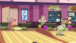 Size: 1920x1080 | Tagged: safe, screencap, character:jeff letrotski, character:scootaloo, species:earth pony, species:pegasus, species:pony, episode:the big mac question, g4, my little pony: friendship is magic, background pony, bowling alley, bowling ball, colter sobchak, donny, female, filly, male, movie reference, raised hoof, stallion, the dude, theodore donald "donny" kerabatsos