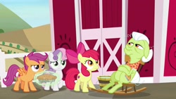 Size: 1920x1080 | Tagged: safe, screencap, character:apple bloom, character:granny smith, character:scootaloo, character:sweetie belle, species:pegasus, species:pony, episode:the big mac question, g4, my little pony: friendship is magic, cutie mark crusaders, food, magic, pie