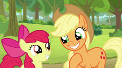 Size: 1280x720 | Tagged: safe, screencap, character:apple bloom, character:applejack, species:earth pony, species:pony, episode:going to seed, g4, my little pony: friendship is magic, adorabloom, apple bloom's bow, applejack's hat, bow, clothing, cowboy hat, cute, duo, duo female, female, filly, hair bow, hat, jackabetes, looking at each other, mare, smiling