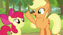 Size: 1920x1080 | Tagged: safe, screencap, character:apple bloom, character:applejack, species:earth pony, species:pony, episode:going to seed, g4, my little pony: friendship is magic, apple bloom's bow, applejack's hat, bow, clothing, cowboy hat, duo, duo female, female, filly, hair bow, hat, mare, smiling