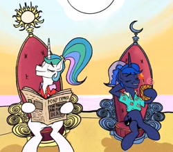 Size: 922x806 | Tagged: safe, artist:anontheanon, screencap, character:princess celestia, character:princess luna, species:pony, episode:between dark and dawn, g4, my little pony: friendship is magic, beach, cropped, crossed legs, food, moon, newspaper, pineapple, pineapple drink, ponytail, ponytails, sun, throne, tropical print
