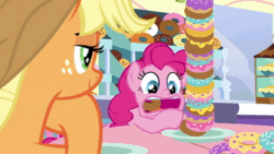 Size: 1920x1080 | Tagged: safe, screencap, character:applejack, character:pinkie pie, species:earth pony, species:pony, episode:the ending of the end, g4, my little pony: friendship is magic, animated, donut, eating, food, imminent weight gain, piggy pie, sound, webm